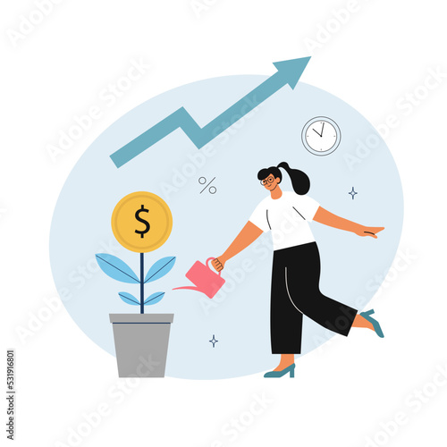 Woman investor watering  money plant. Online investment concept. Vector flat style cartoon illustration