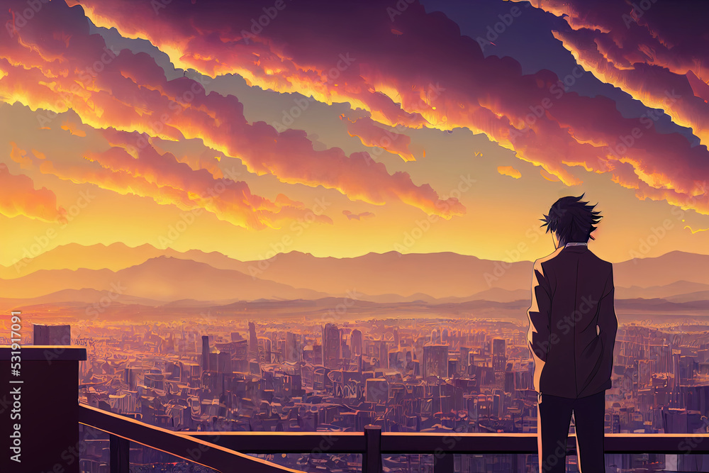 Anime man looking in the distance at sunset. Manga style digital artwork. Hopeful young character. Emotional man thinking. Person in love being sad and depressed. Cartoon illustration. Man in a suit. - obrazy, fototapety, plakaty 