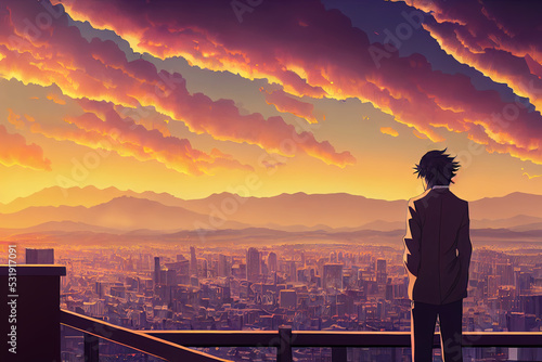 Anime man looking in the distance at sunset. Manga style digital artwork. Hopeful young character. Emotional man thinking. Person in love being sad and depressed. Cartoon illustration. Man in a suit.