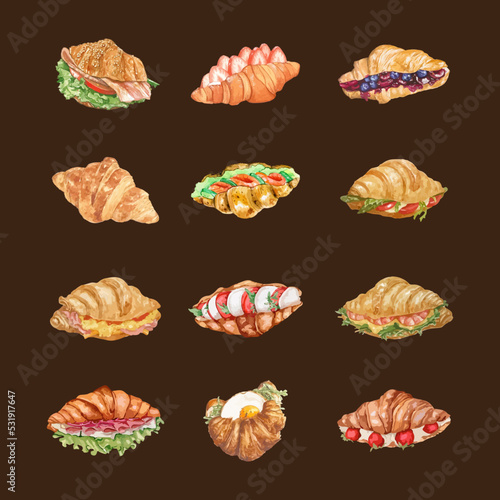 Set of croissant sandwiches in watercolor style vector illustration