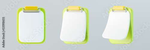 3d green clipboard icons with blank sheet of paper isolated on gray background. Render clipboard with 3d document for notes, contracts, schedule, work planning. 3d cartoon simple vector illustration