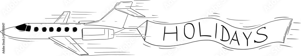 Drawing of Flying Aircraft Dragging Holidays Banner, Vector Cartoon Illustration Drawing of Flying Aircraft Dragging Holidays Banner, Vector Cartoon Illustration