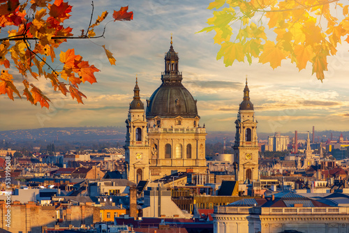 St. Stephen's basilica in autumn at sunset, Budapest, Hungary photo
