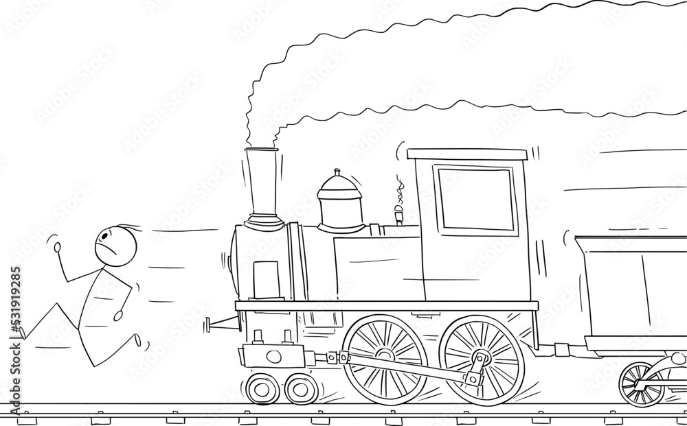 Person Running on Track Away from Steam Train, Vector Cartoon Stick Figure Illustration