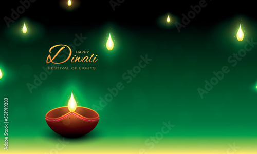 Green happy diwali with lighting diya lamp. Festival of lights.