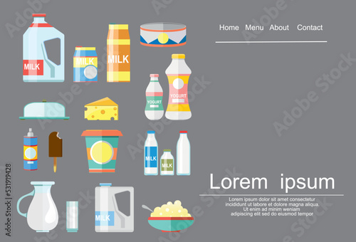 Set of cartoon food: dairy products.