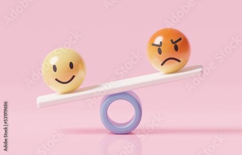 Happy face on weighting scales that is heavier than angry face, emotional intelligence, overcoming negative emotion concept, 3d render illustration.