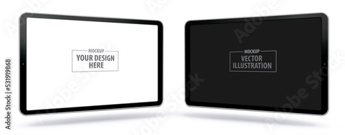 Tablet Computer Realistic Vector Mockup With Perspective View. Horizontal Tablet PC Screens Isolated on White Background.
