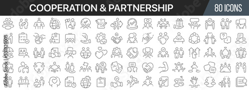 Cooperation and partnership line icons collection. Big UI icon set in a flat design. Thin outline icons pack. Vector illustration EPS10