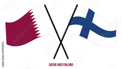 Qatar and Finland Flags Crossed And Waving Flat Style. Official Proportion. Correct Colors.