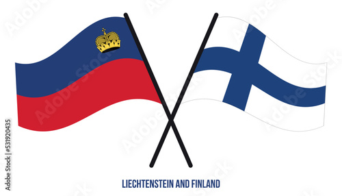 Liechtenstein and Finland Flags Crossed And Waving Flat Style. Official Proportion. Correct Colors.