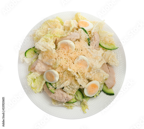 Delicious salad with Chinese cabbage, eggs and meat isolated on white, top view