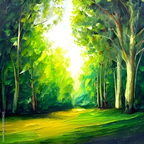 樹木の油絵_新緑の森林