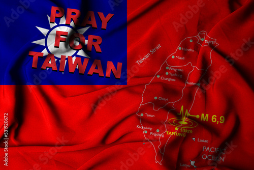 Selective focus of taiwan flag, with waving cloth texture and clip of map of taiwan affected by earthquake in taitung city. 3d illustration photo