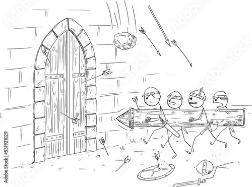 Battering Ram Attacking Castle Gate During Medieval Battle or Siege, Vector Cartoon Stick Figure Illustration