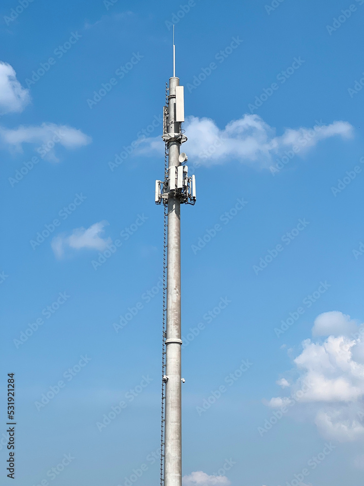 Telecommunication tower of 4G and 5G cellular. Wireless Communication Antenna Transmitter. Telecommunication tower with antennas. Macro Base Station. Telecommunication tower of 4G and 5G cellular. Wireless Communication Antenna Transmitter. Telecommunication tower with antennas. Macro Base Station.