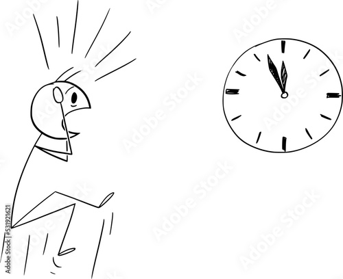 Person or Businessman Shocked Looking on Clock, Vector Cartoon Stick Figure Illustration