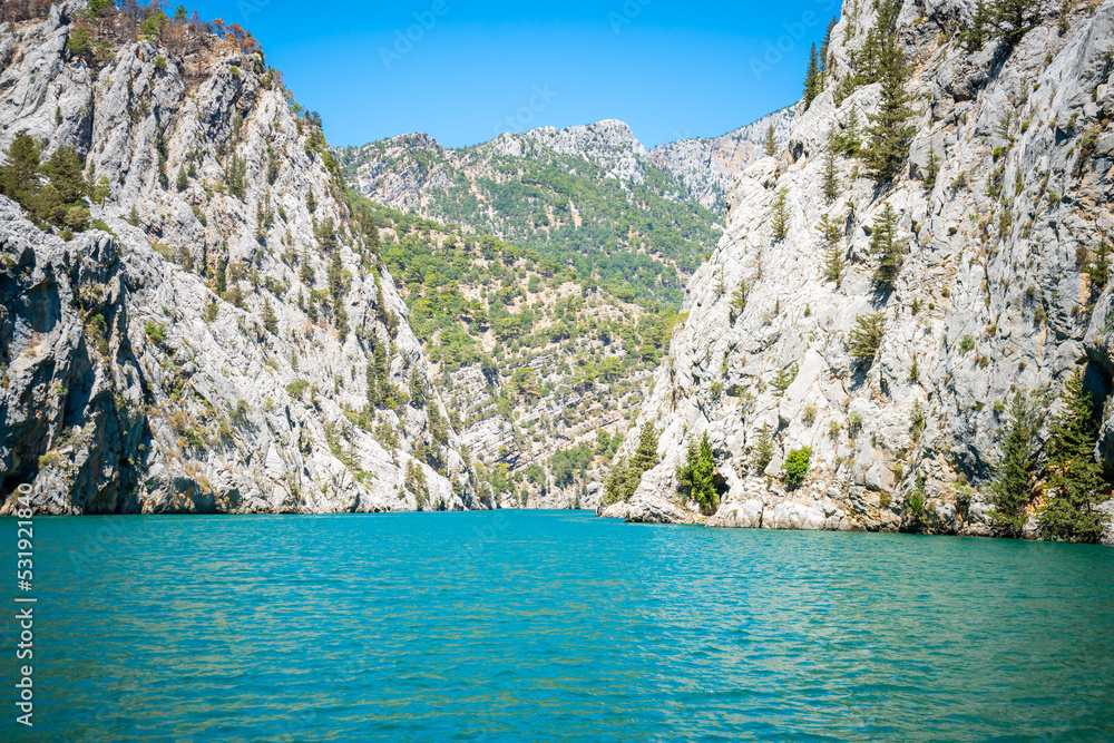 Mountain Lake. Emerald water reservoir behind the dam Oymapinar. Green Canyon in Manavgat region, Turkey. Mountain Lake. Emerald water reservoir behind the dam Oymapinar. Green Canyon in Manavgat region, Turkey.