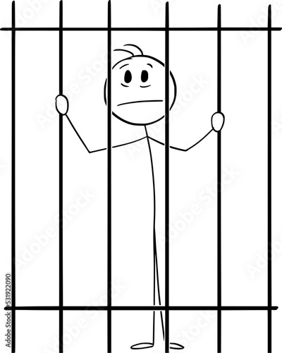 Prisoner Behind or Jail Bars, Vector Cartoon Stick Figure Illustration