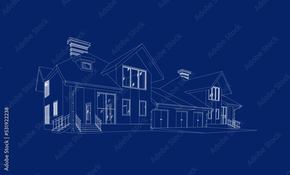 Modern building perspective 3D. Drawing of the townhouse. Outlines cottage on white background. House 3D model perspective vector. House blueprint. EPS 10. Modern building perspective 3D. Drawing of the townhouse. Outlines cottage on white background. House 3D model perspective vector. House blueprint. EPS 10.