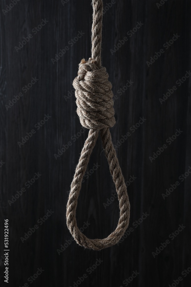 Tied rope noose against dark wooden background