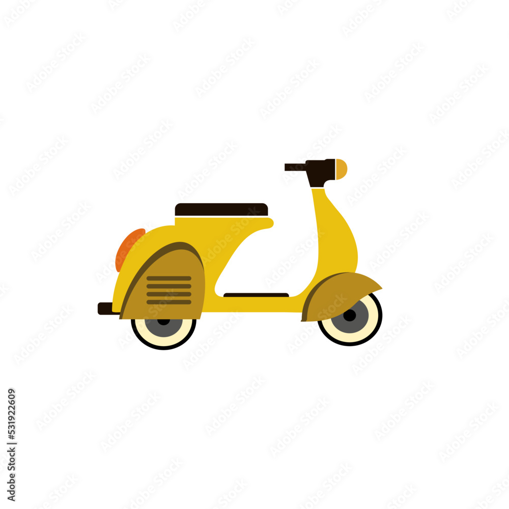 Yellow classic vintage scooter on white background. Yellow retro cartoon scooter. Vector illustration