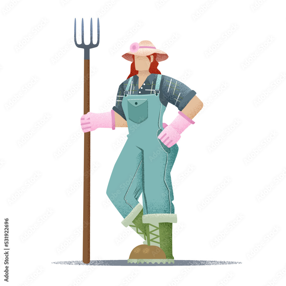 Farmer woman holding a pitchfork in her hands, profession illustration, flat design, vector particles, grain effect. Farmer woman holding a pitchfork in her hands, profession illustration, flat design, vector particles, grain effect.