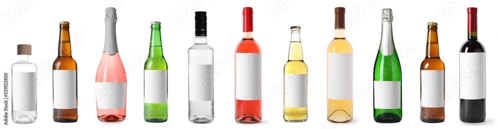 Set with bottles of different alcohol drinks on white background. Banner design Set with bottles of different alcohol drinks on white background. Banner design