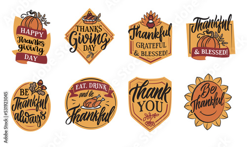 The set of stickers for Happy Thanksgiving day. The autumn patches