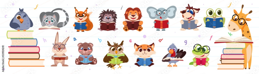 Set of cute cartoon animals and birds reading books. Smart funny squirrel,  giraffe, crocodile and elephant in glasses study of literature. Pupil  characters read kids stories flat vector illustration. Stock Vector |