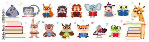 Set of cute cartoon animals and birds reading books. Smart funny squirrel, giraffe, crocodile and elephant in glasses study of literature. Pupil characters read kids stories flat vector illustration.
