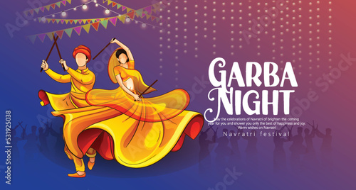 Illustration of couple playing Garba and Dandiya night in Navratri Celebration for Navratri festival of India, Dussehra festival © IndigoArt