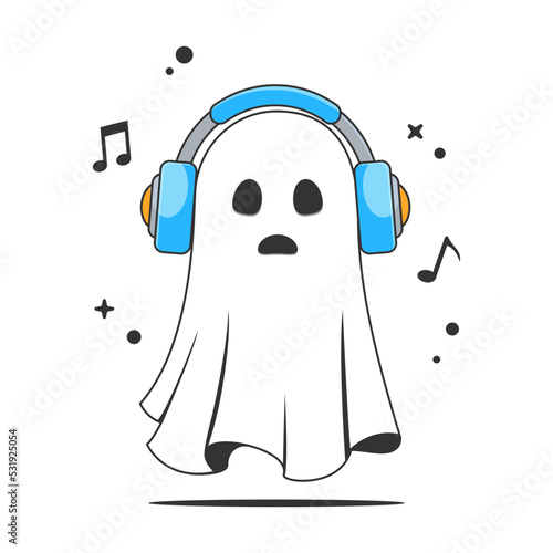 Kawaii ghost boo listening music using headphones. Happy Halloween. Cute cartoon spooky character. Vector illustration