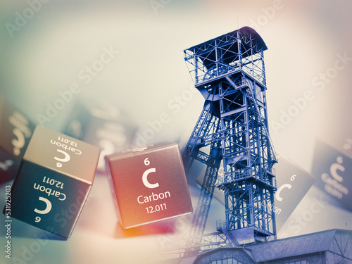 Print op canvas Coal mine tower and carbon as chemical element, carbon compounds basis of fossil fuels