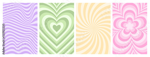 Y2k backgrounds. Waves, swirl, twirl pattern. Vector posters with daisy, flower, heart, lines. Twisted and distorted texture in trendy retro 2000s style. Lilac, pink and green color. photo