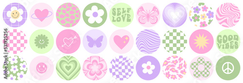 Y2k stickers set. Funny butterfly, daisy, wave, chess, mesh, smile. Set of vector elements in trendy retro trippy 2000s style. Lilac, pink and green color. Selflove, good vibes, hello.