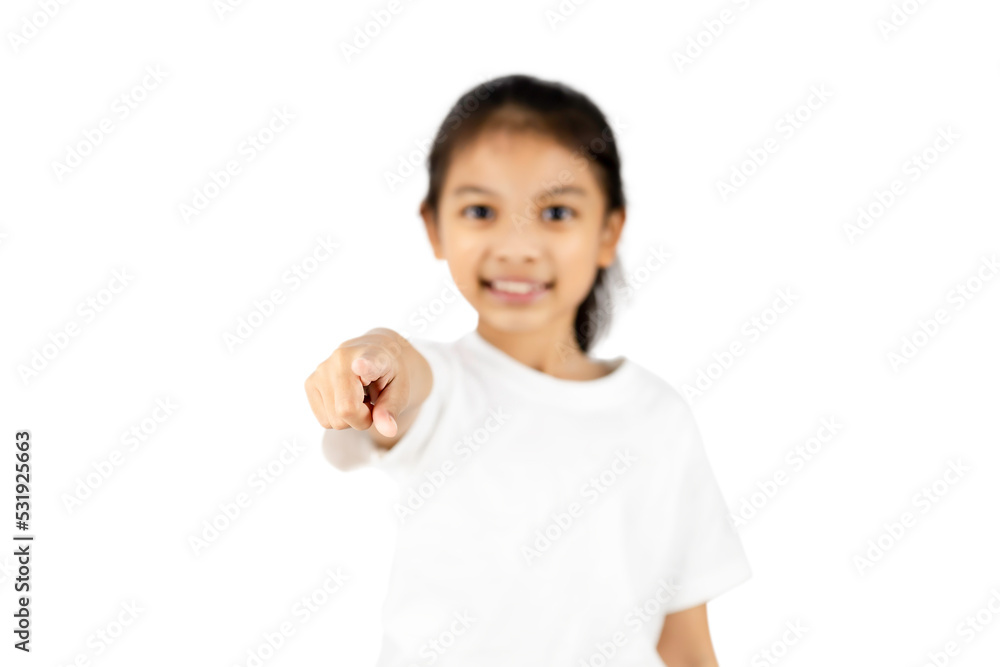 Young Asian girl in a white T-shirt stands with her right hand pointing forward isolated on white backgroung with clipping path. Young Asian girl in a white T-shirt stands with her right hand pointing forward isolated on white backgroung with clipping path.
