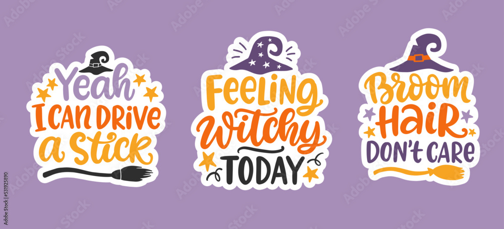 Naklejka premium Set of Halloween Witch Hand Drawn Cute Lettering phrases