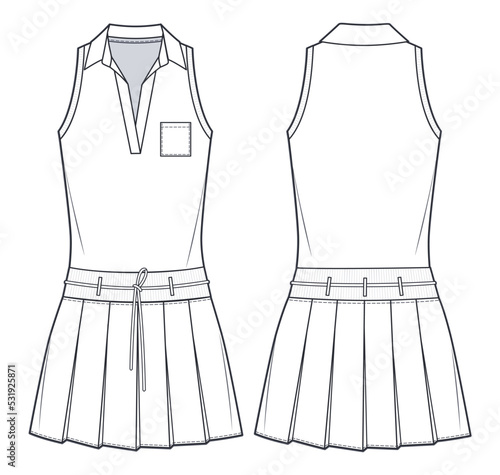 Pleated mini Dress technical fashion illustration. Polo Shirt Dress fashion flat drawing template, pleated, elastic waistband, front, back view, white, CAD mockup.