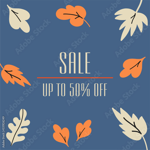 Fall sale flyer template with lettering. Autumn leaves with text on a blue background. Poster, postcard, label, banner design.