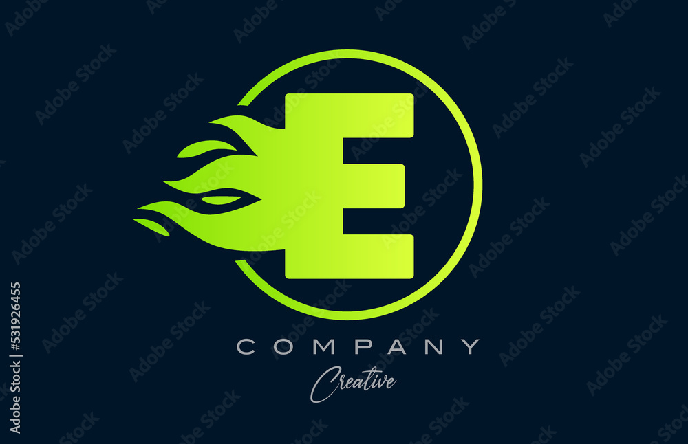 Fototapeta premium E alphabet letter icon for corporate with green flames. Fire design suitable for a logo company