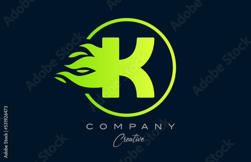 K alphabet letter icon for corporate with green flames. Fire design suitable for a logo company