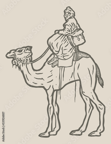Touareg and camel walking through the dunes