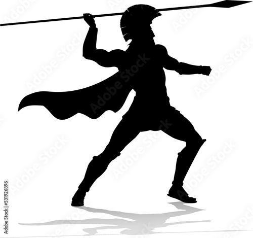 A Spartan or Trojan ancient Greek hoplite warrior silhouette. Could also be a Roman gladiator. photo
