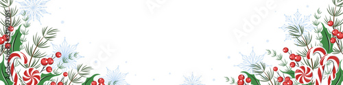 Christmas background with place for text. Horizontal banner, background decorated with different winter plants, cookies and sweets background. Vector illustration