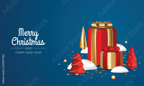 Happy New Year and Merry Christmas. Background with realistic holiday gift box. A Christmas gift. Gift surprise, golden christmas trees, balls, shiny golden confetti.