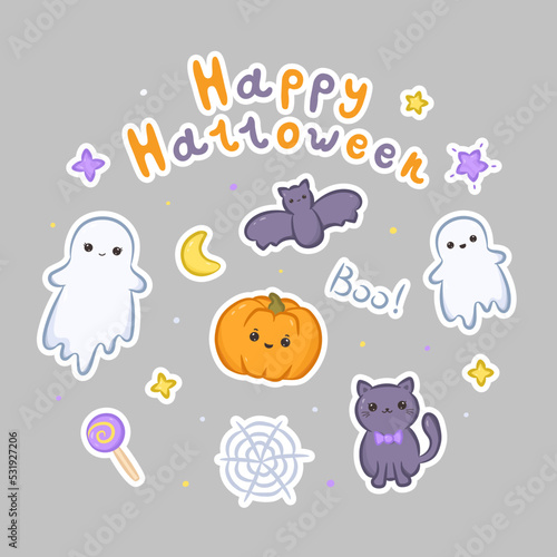 Fototapeta Naklejka Na Ścianę i Meble -  Set of kawaii Halloween stickers. Collection of cute kawaii ghosts, pumpkin, cat, bat, Happy Halloween, Boo, web and sweets. Vector illustration
