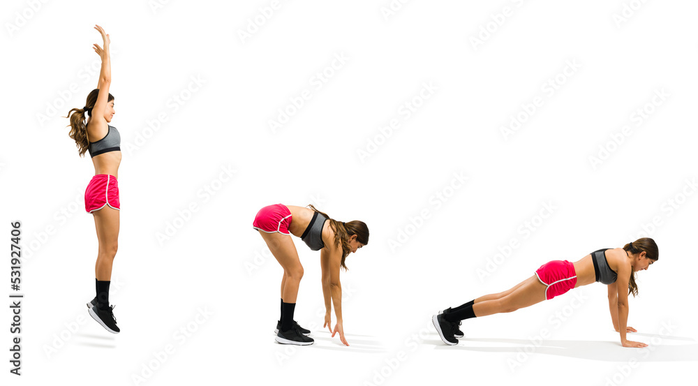 Guide of a young woman to do correct burpee exercises Stock Photo