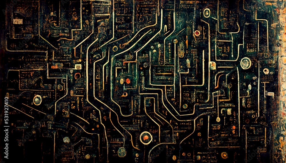 Circuit board background, can be used as digital dynamic wallpaper, technology background. 3D Render abstract background made of array of points and line with green overtones. High resolution.