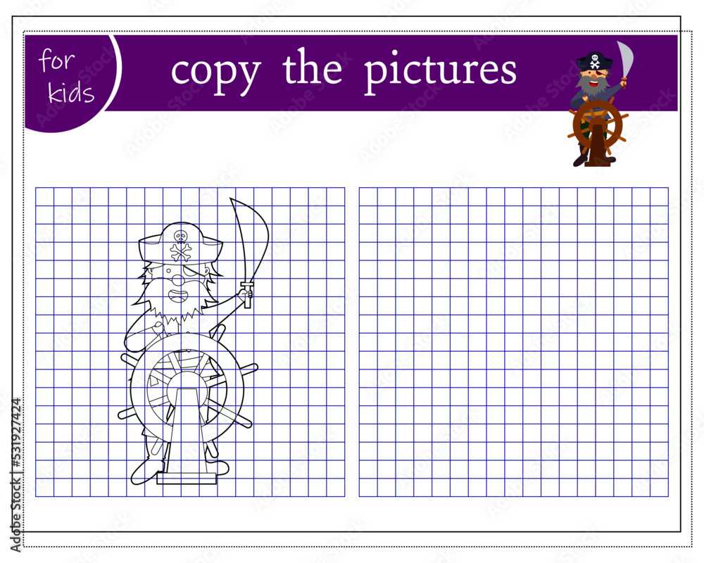 Copy the picture, educational games for kids, cartoon pirate controls the ship. vector